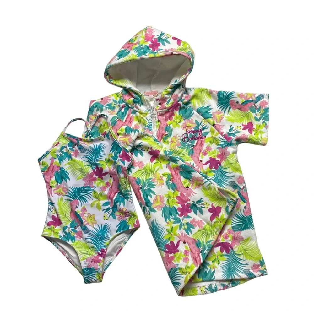 Tommy Bahama Girls Tropical Parrot Floral 1 Piece Swimsuit &Cover Up Set 6/7 NWT